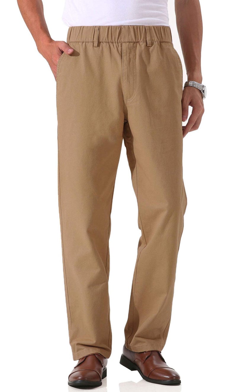 Soojun Men's Cotton Relaxed Fit Full Elastic Waist Twill Pants, Dark Khaki, 36W x 32L - Image 3